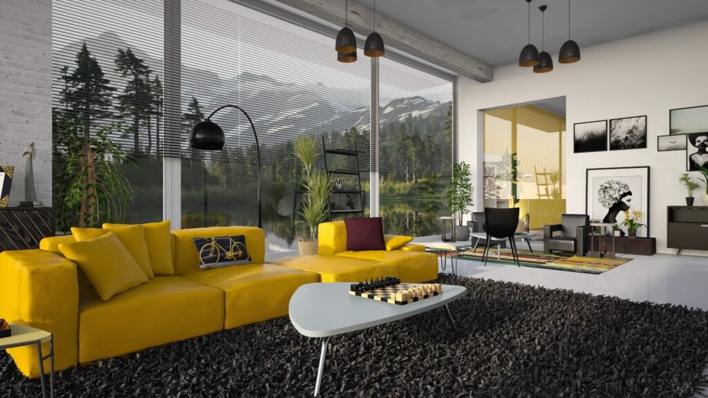 Mustard, Charcoal Black and ivory White earthy tones living room