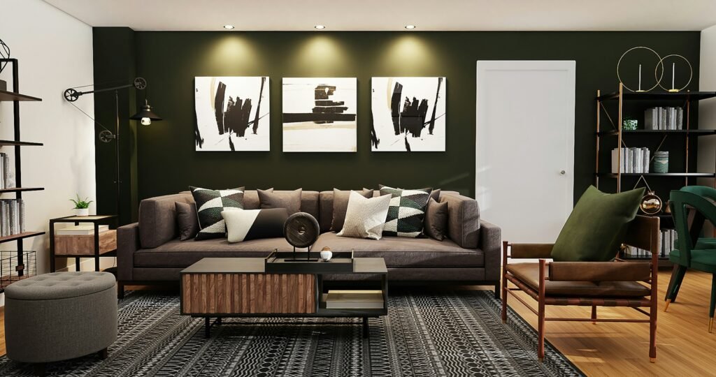 Olive green, ash brown and wood tones earthy colors living room