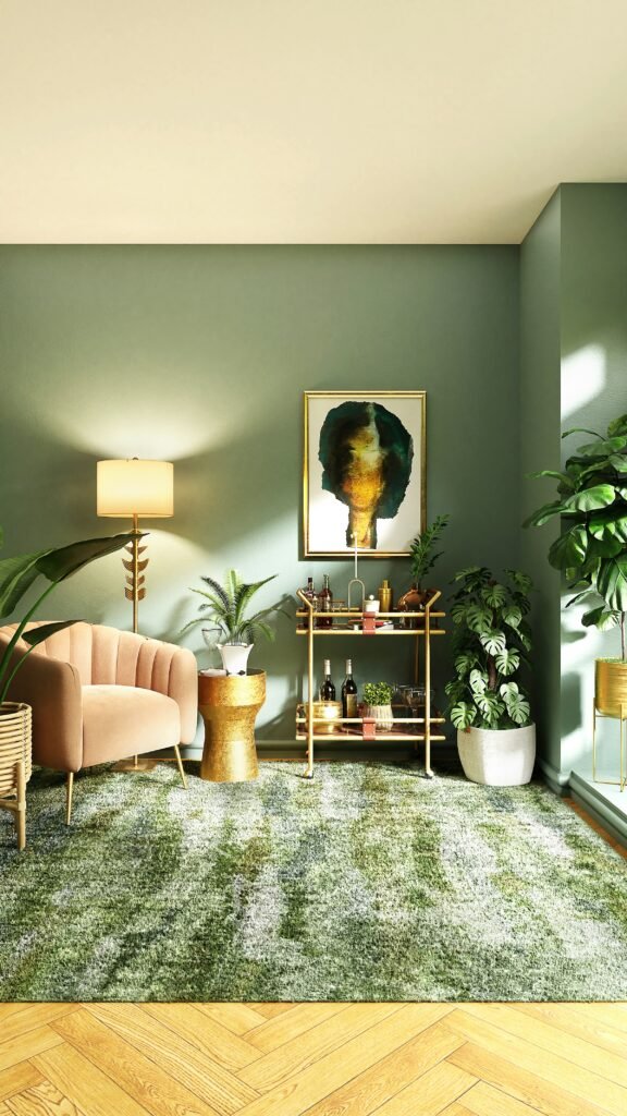 Sage green, Dusty Pink and Gold earthy tones living room