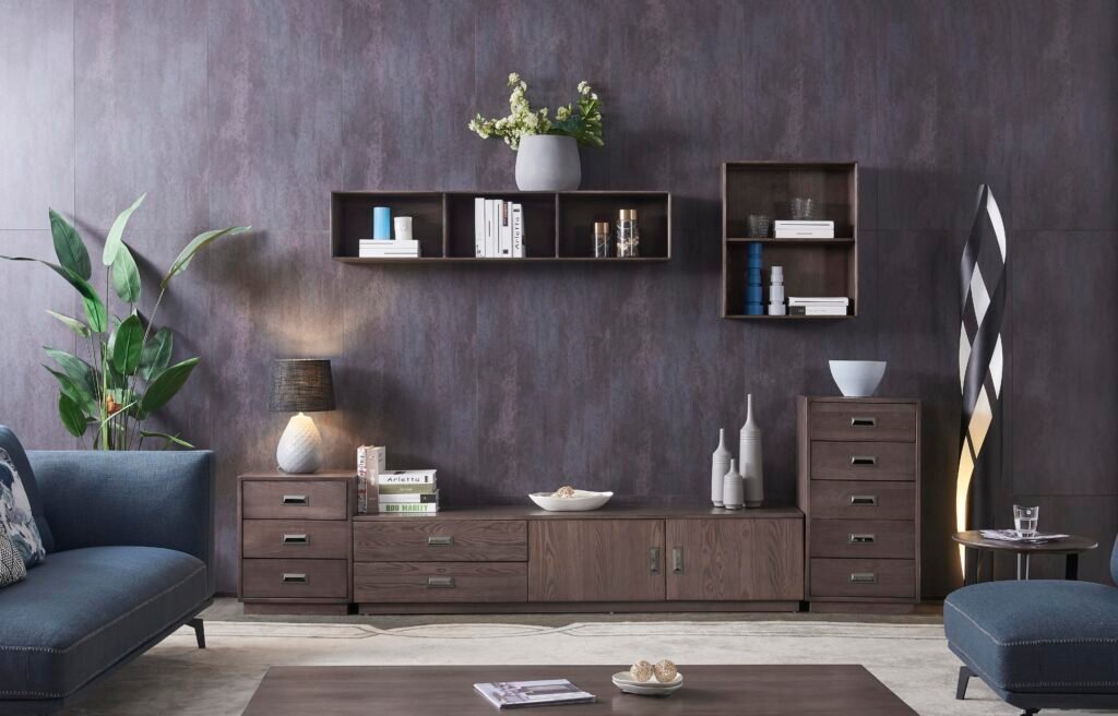 Ashy Blue and Dark Oak earthy colors living room