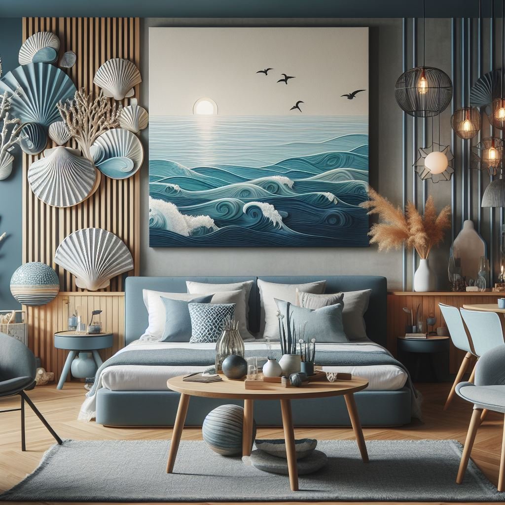 Coastal bed room decor and wall art