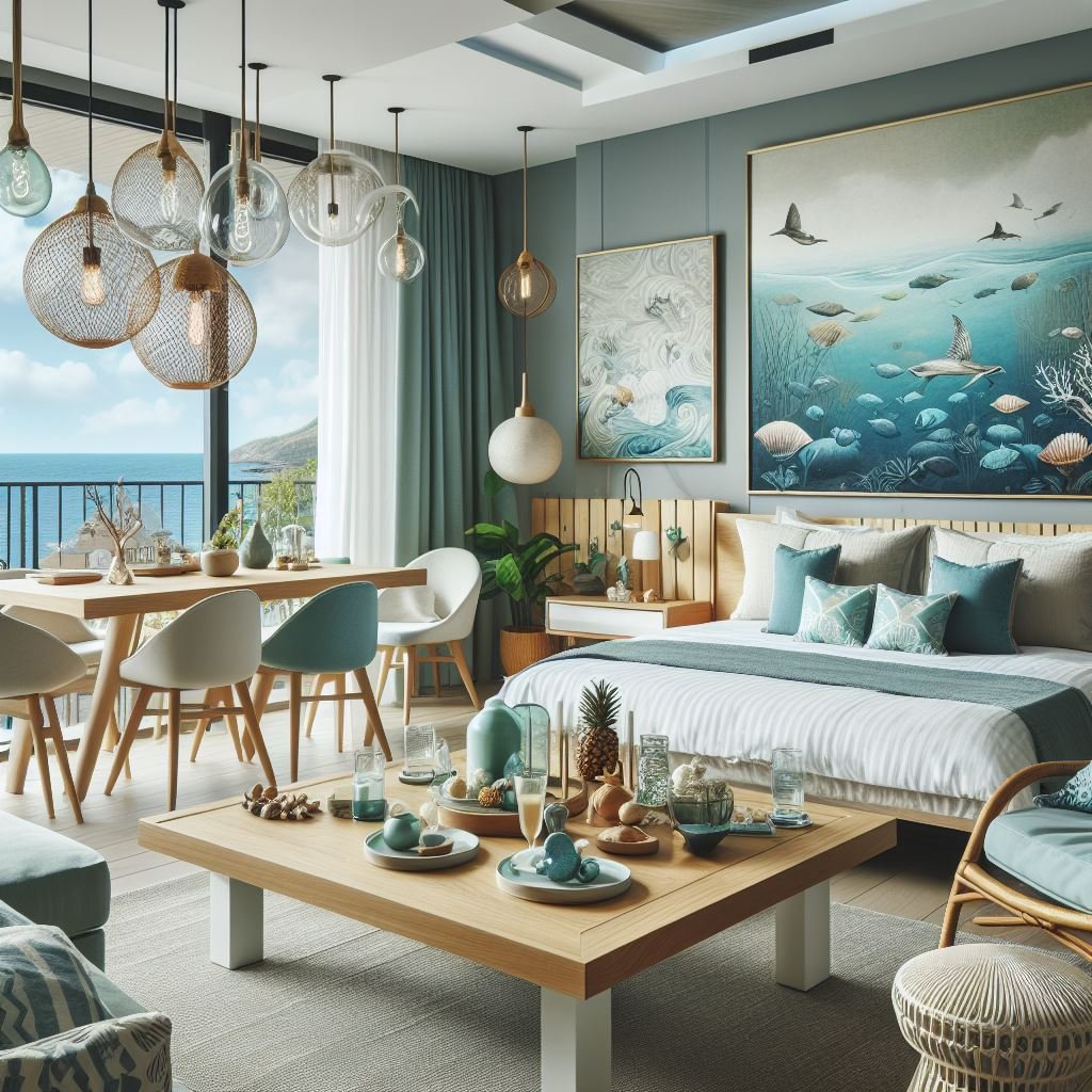 Coastal room decor and wall art, lights