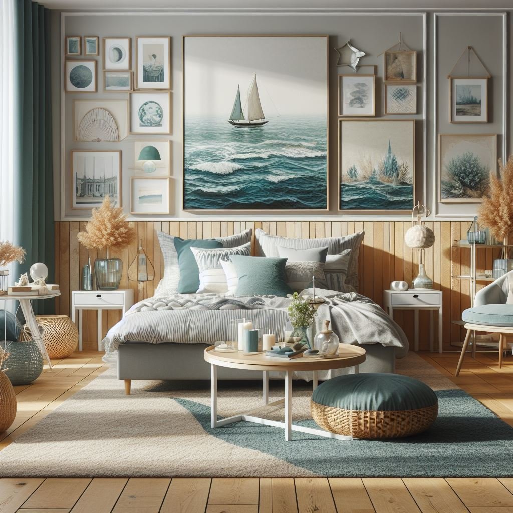 Coastal bed room decor and wall art